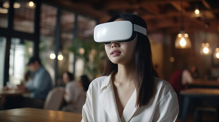 smart attractive asian female business owner weared virtual reality glasses enjoys casual metaverse meeting with concentrate at cafe restaurant,asian female using headset in cafe