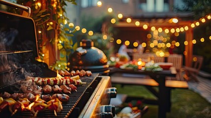 A vibrant outdoor barbecue scene with grilled food and festive lighting.