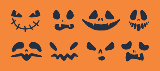 A set of eight spooky and playful Halloween pumpkin faces on an orange background. Each jack o lantern features a unique carved expression, perfect for festive decorations and designs.