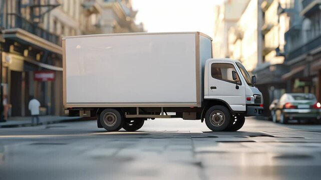 Empty blank white mockup on the small truck vehicle driving through the city street, template for advertisement. Commercial business transport delivery cargo