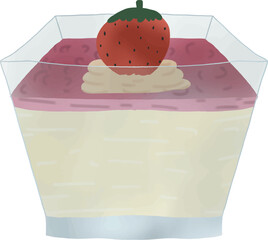 Cartoon Panna Cotta Cream Cheese divided into layers of strawberries and milk cream cheese, decorated with strawberries and chocolate cream