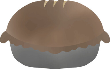 Cartoon pie in a brown metal pan baked until puffed and round with three lines on the top