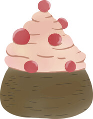 Cartoon soft cream in a round wooden cup decorated with round cherries