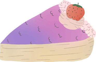 Cartoon triangular cake in pink, purple, orange, topped with cream and decorated with strawberries