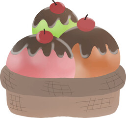 Colorful cartoon popsicles with three strawberries, lemons, and grapes in one cup, all in a wooden cup. Decorate with cream and cherries