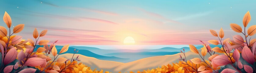Obraz premium Sunrise over yellow foliage, blue horizon, flat design illustration
