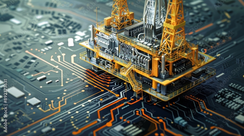 Aufkleber 3d rendering of an industrial structure on a digital circuit board with glowing connections
