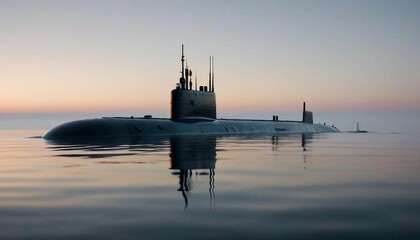 A submarine on the surface at dawn, with the ocean reflecting the early morning light and fog rolling in from the horizon
