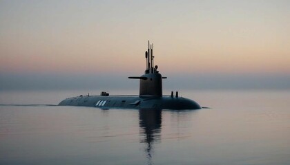 A submarine on the surface at dawn, with the ocean reflecting the early morning light and fog rolling in from the horizon
