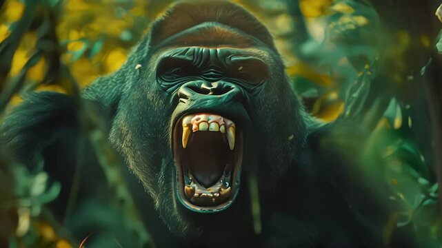 Large or big silverback black gorilla, angry powerful animal roaring in jungle wildlife nature. Strong beast screaming, aggressive, teeth, King Kong