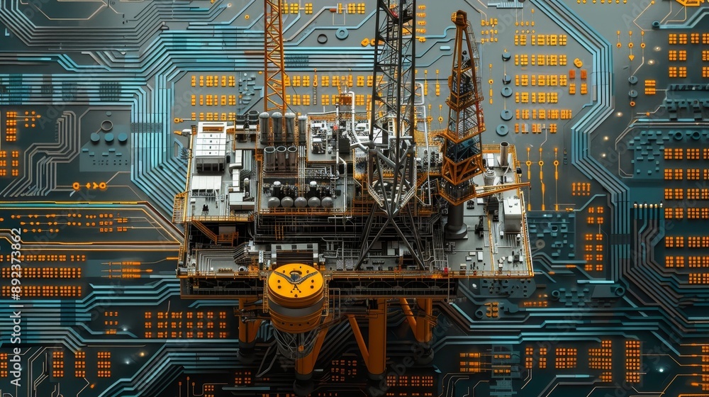 Poster 3d rendering of an industrial structure on a digital circuit board with glowing connections