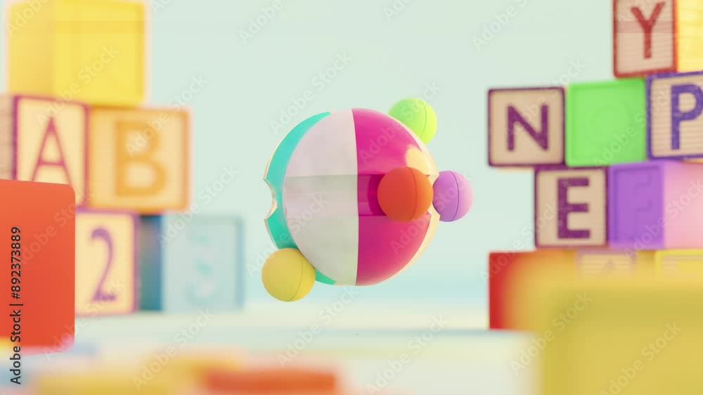 Poster 3d rendering of small colorful balls rolling on smooth sphere in loop playschool