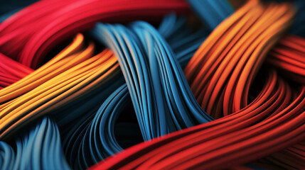 A colorful, twisted wire that is red, blue, and yellow . Abstract background of colored bright threads.