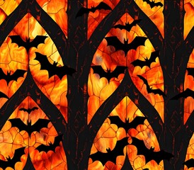 Seamless Pattern of Bats in Flight against Gothic Stained Glass Arches