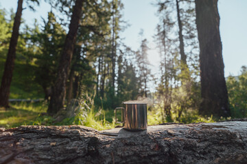 Fototapeta premium Steel mug of morning coffee in forest 