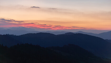 Mountain landscape at dusk. Mountains at sunset.