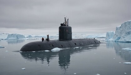Fototapeta premium A submarine submerged in icy Arctic waters, with icebergs floating above and a pale, overcast sky 