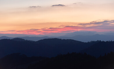 Mountain landscape at dusk. Mountains at sunset.