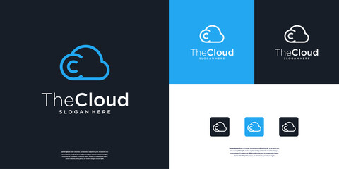 blue sky line art of cloud storage logo design template