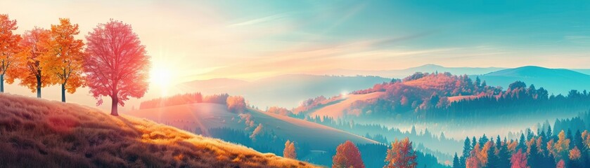 Wilderness with maple trees, rolling hills in autumn, flat design illustration