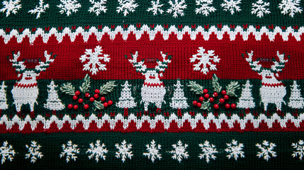 A green and red knit sweater with a pattern of reindeer and trees. A knitted crocheted fabric with a New Year's Christmas pattern.