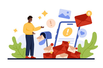 Email spam overload. Tiny man in anxiety and stress from online delivery of many spam letters and documents falling out of full mailbox, warning message on phone screen cartoon vector illustration
