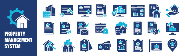 Property Management System icon collection set. Containing design,property, management, system, business, technology,and more. Solid vector icons collection.