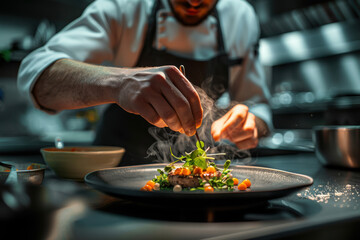 close up horizontal image of a fine dining chef finishing to plate a fancy dish in a restaurant kitchen
