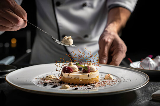 close up horizontal image of a pastry chef finishing to plate a fancy dessert dish in a fine dining restaurant