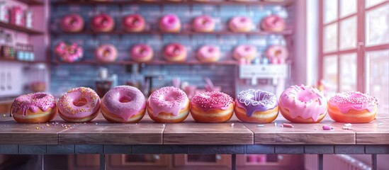 A Row of Pink Glazed Donuts with Sprinkles