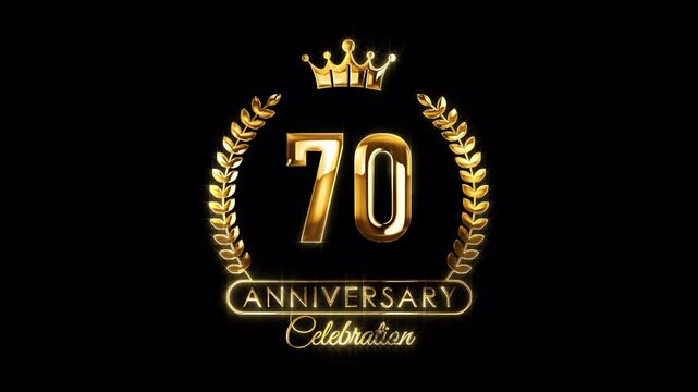 70th Anniversary Celebration. Golden 70 Years Anniversary Animation in Gold Color on the Transparent Background, Alpha Channel. Great for greetings, celebrations, events, and gifts.