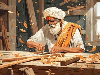 Indian carpenter, traditional attire, making furniture, flat design illustration, silk screen art
