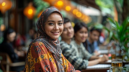 Fototapeta premium A young woman in a motley shawl dress sits at a table in a cafe with several other people.
