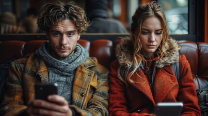 Obraz premium a man and a woman sitting on a train, both engrossed in their smartphones.