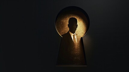 a golden keyhole with a silhouette of a man in a suit and tie inside it, illuminated by a bright light.