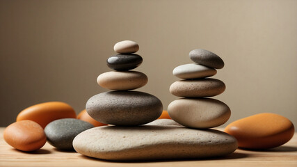 Serene Minimalist Image of Balanced Stones on Wooden Surface