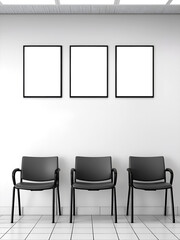 Three blank posters, white tiled wall, black and grey seats, waiting room