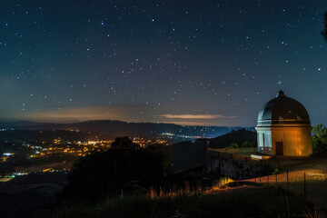 Obraz premium An observatory on a hill overlooks a town at night sky filled with stars and wonder