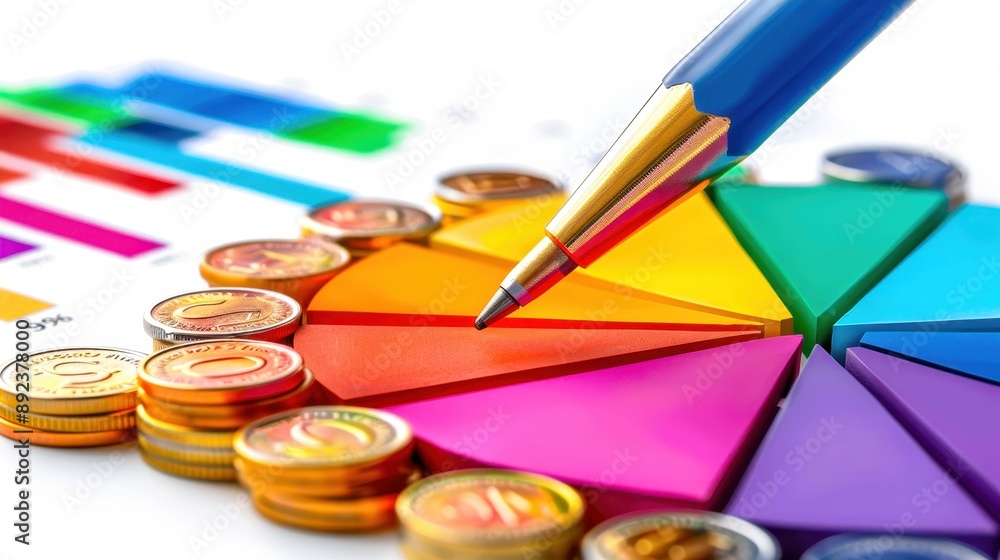 Poster colorful pie chart with stacked coins and a pen, representing financial analysis and business data v