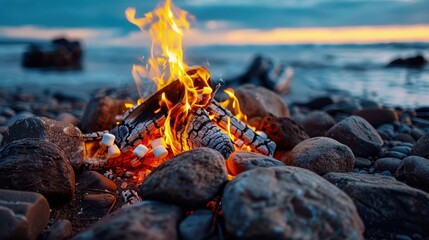 Cozy campfire burning on a rocky beach at sunset, creating a warm and inviting atmosphere by the waterside with a beautiful scenic backdrop.
