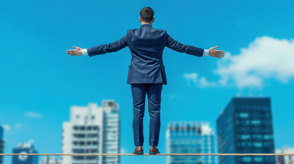 Business Risk, Confident businessman standing on rooftop, arms outstretched, embracing city skyline under clear blue sky, symbolizing success and freedom.
