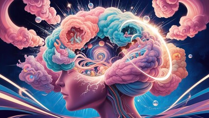 Vibrant Digital Illustration of Exploding Mind Concept: Surreal Creative Chaos with Pastel Colors and Glowing Orbs