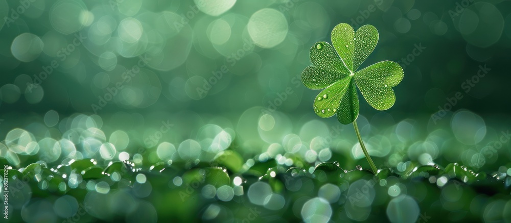 Poster four-leaf clover with dew drops on a green bokeh background