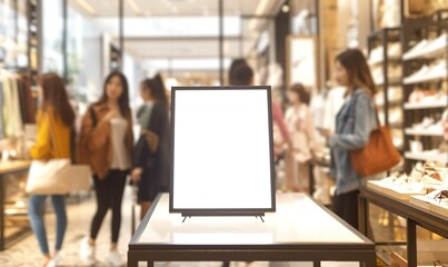 A luxury fashion boutique showcasing diverse women elegantly dressed on the softly blurred background