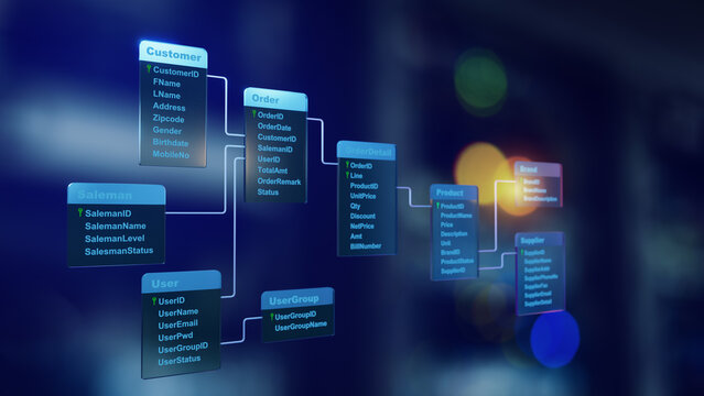 Relational database tables with server room background. Concept of Database diagram. Database design, SQL programming language. 3D rendering.