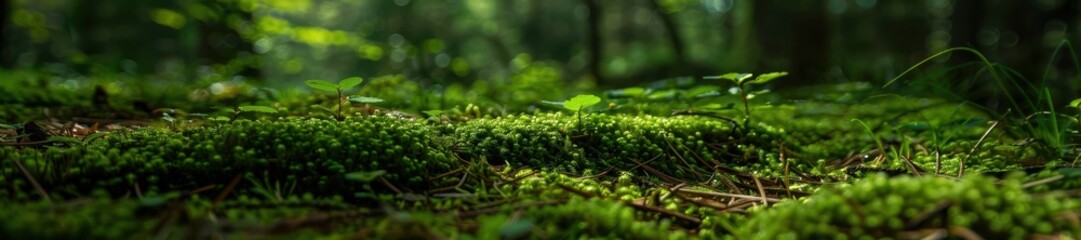 A lush green mossy area with a few leaves and a tree in the background. Free copy space for text.