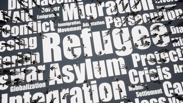 Refugee Migration Word Cloud And People Crowd