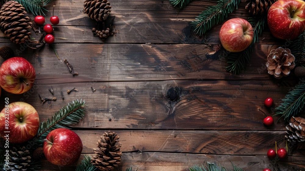 Canvas Prints apples and pine cones with empty space on wooden surface