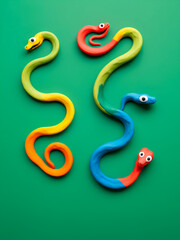 Two cartoon snakes in plasticine on a green background