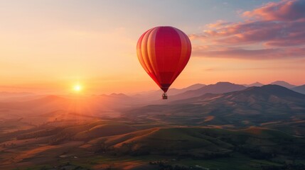 Obraz premium Hot Air Balloon Soaring Over Hills at Sunset.